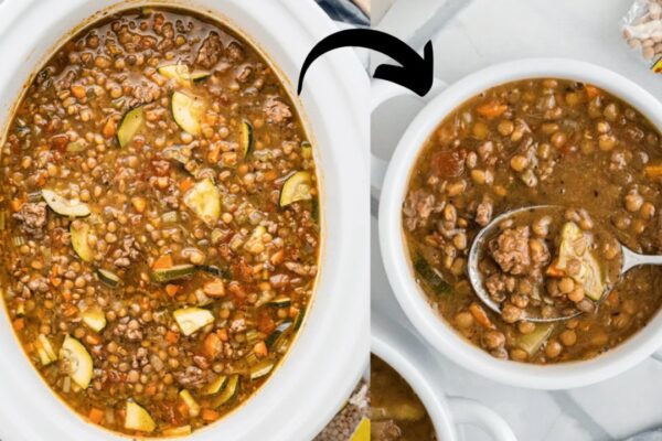 Crockpot Sausage Lentil Soup, homemade and freshly served