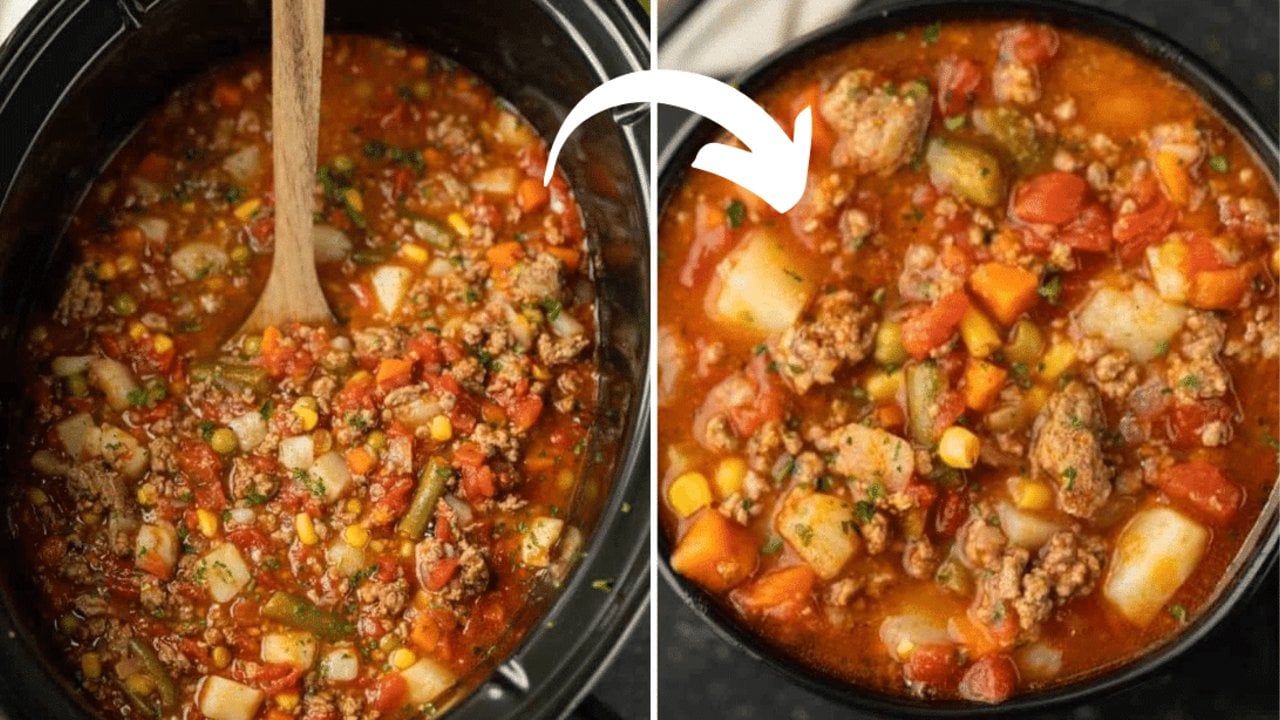 Easy crockpot veggie soup with ground beef, potatoes and mixed vegetables, a hearty healthy slow cooker meal