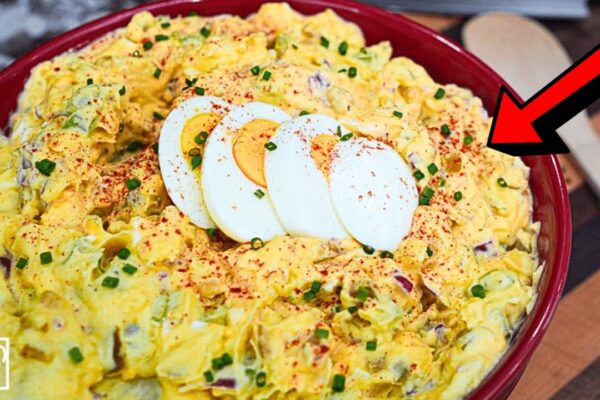 Easy Deviled Egg Potato Salad, homemade and freshly served