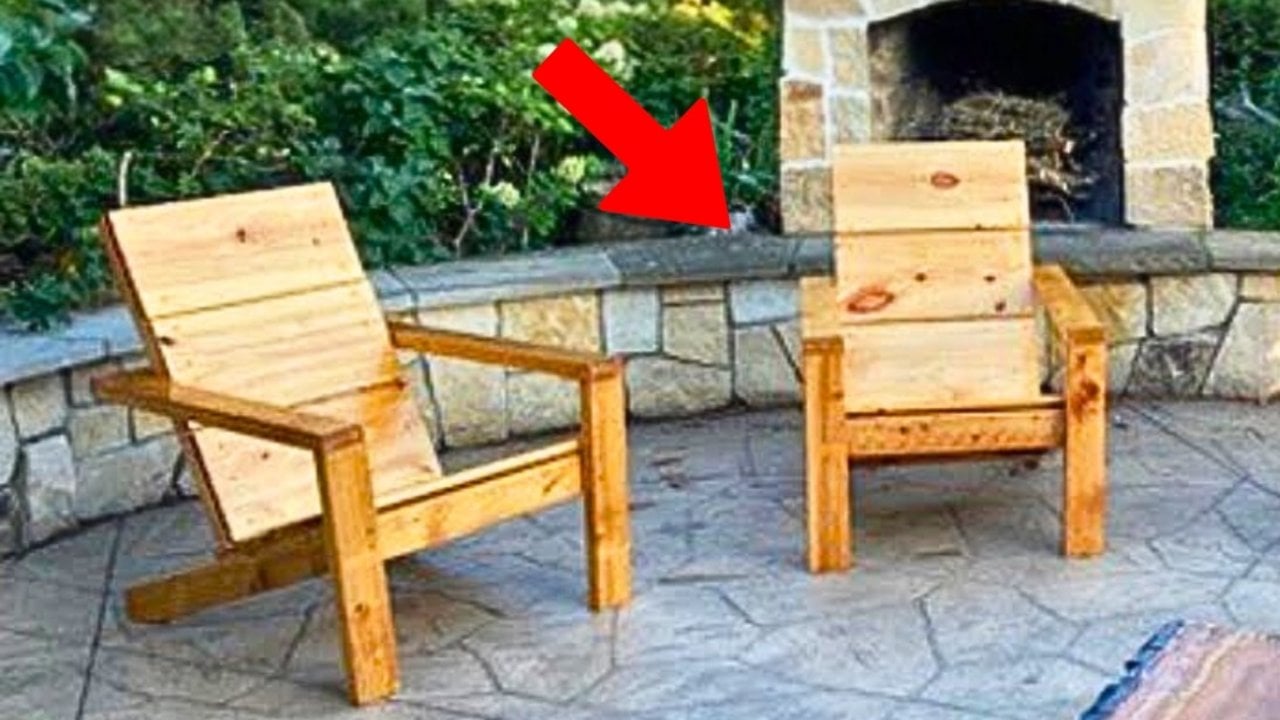 Easy DIY Adirondack Chair | Modern Pine Patio Seat Easy DIY Adirondack chairs, two modern natural pine chairs with wide flat back boards on a stone patio by a fireplace