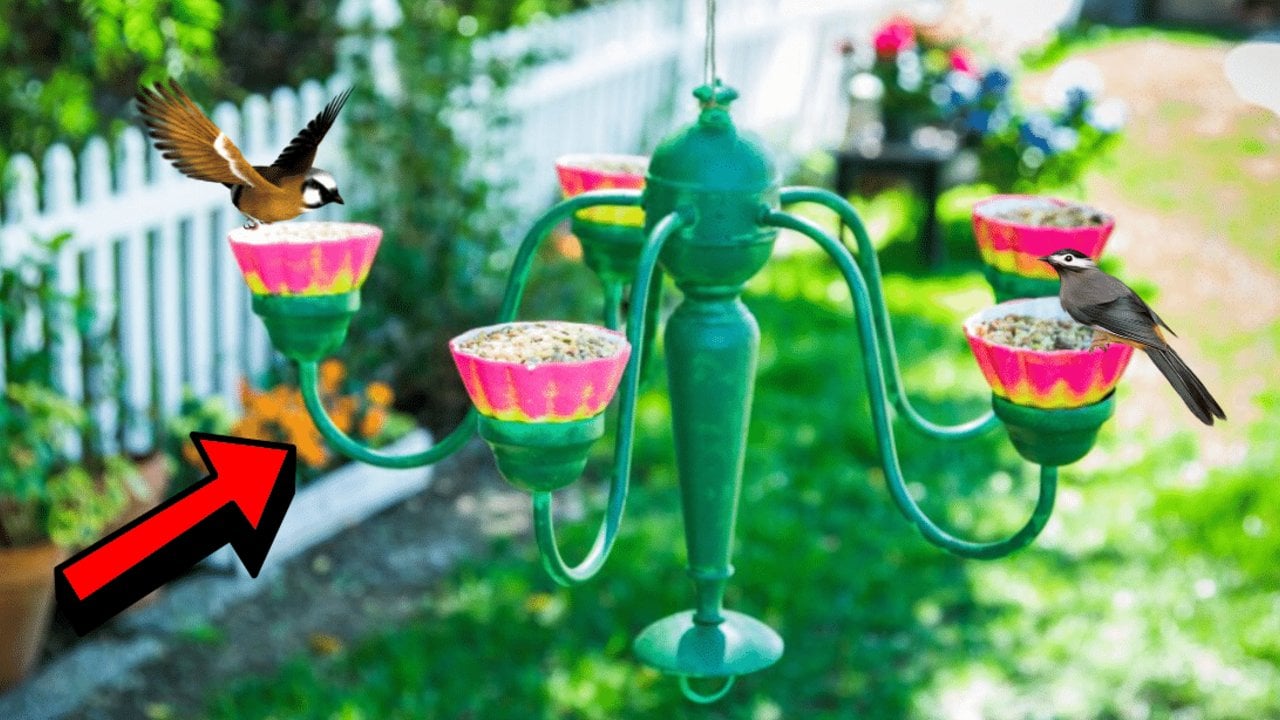 Green painted chandelier bird feeder, five pink and yellow seed cups on its arms, two small birds feeding in a fenced garden