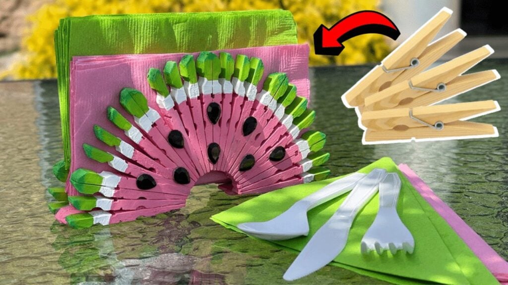 Easy DIY Watermelon Clothespin Napkin Holder, homemade and freshly served