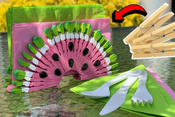 Easy DIY Watermelon Clothespin Napkin Holder, homemade and freshly served