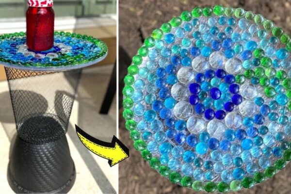 Finished DIY Dollar Tree Garden Glass Gem Table, a completed DIY project