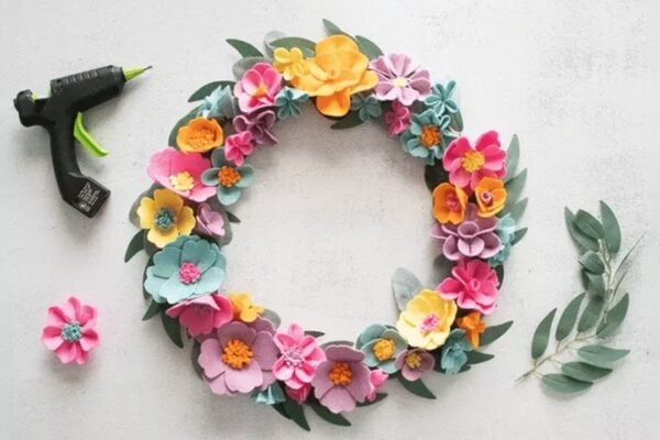 Finished Easy Dollar Tree Felt Flower Wreath, a completed DIY project
