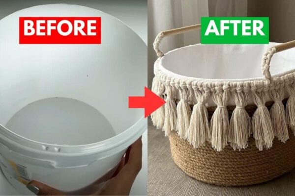 Finished Easy DIY Macrame Basket Using a Paint Bucket, a completed DIY project