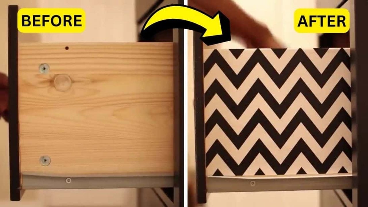 Dresser drawer sides covered in patterned wrapping paper and spray adhesive as an inexpensive furniture makeover