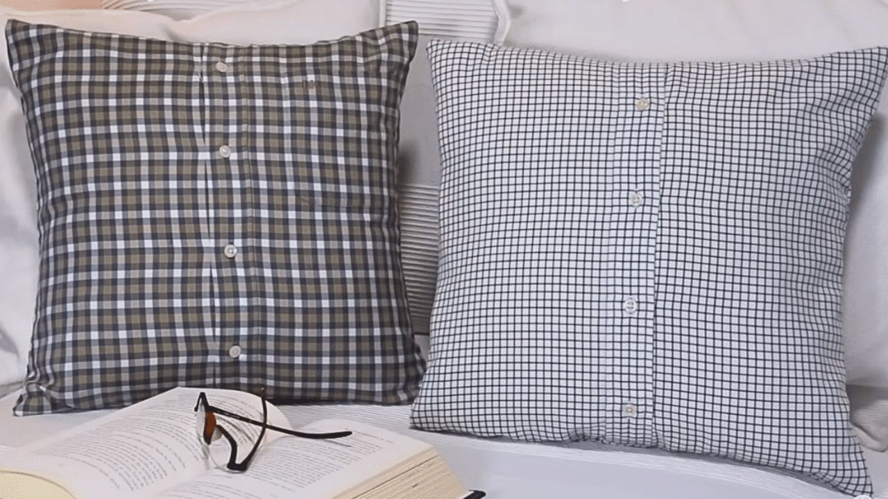 Shirt Pillowcase | Upcycle an Old Button Down Easy DIY shirt pillowcase, two square pillows covered in plaid and checked button down shirts with the buttons down the front