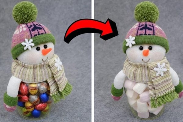 Finished Easy DIY Snowman Treat Container, a completed DIY project