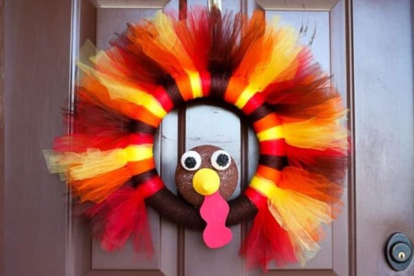 Finished Easy DIY Turkey Tulle Wreath, a completed DIY project