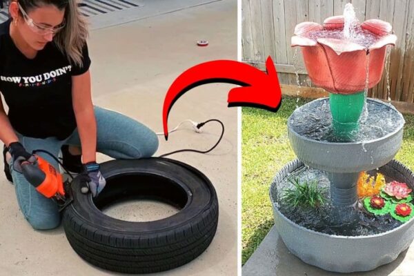 Finished Easy 3-Tier Water Fountain Using an Old Tire, a completed DIY project