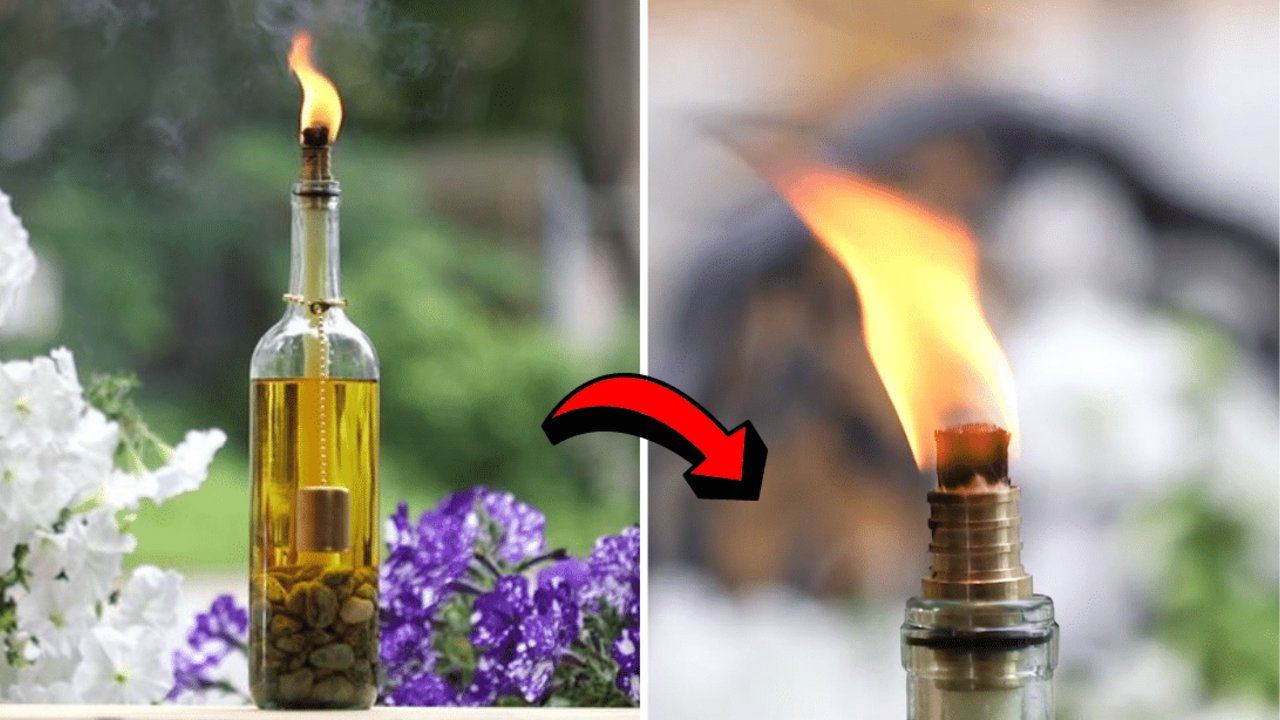 Wine bottle tiki torch, a lit bottle torch standing among white and purple flowers beside a close up of the burning wick