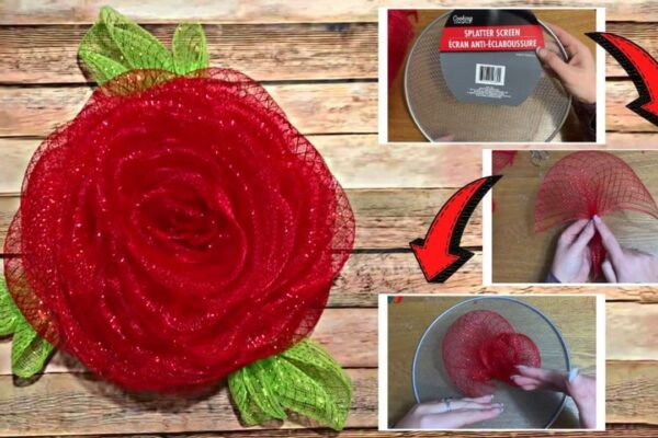 Finished Budget-Friendly Dollar Tree Mesh Rose Wreath, a completed DIY project