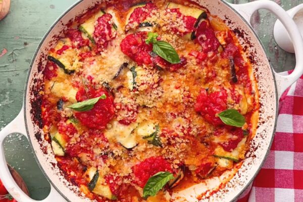 Healthy Eggplant and Zucchini Casserole, homemade and freshly served