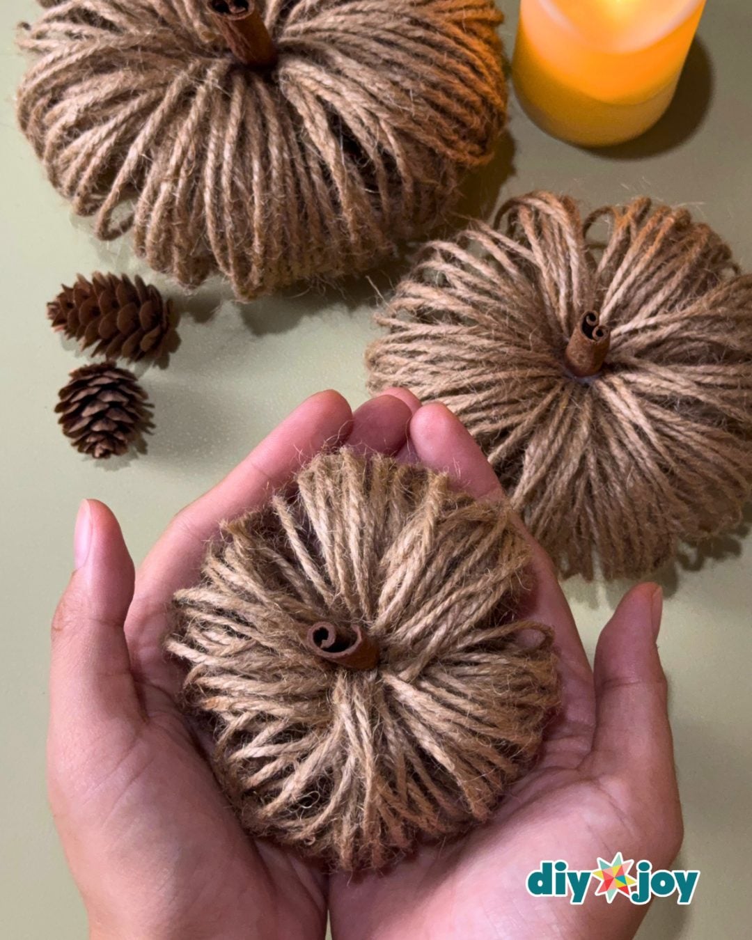 Easy fall crafts for adults - closeup of a twine pumpkin showing the wrapped jute loops
