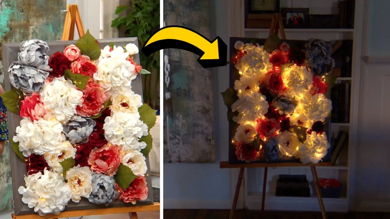 Frame packed with white, red and slate blue faux blooms shown unlit then lit side by side on a wooden easel, arrow between