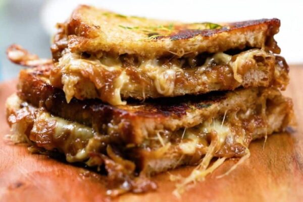 French Onion Soup Grilled Cheese Sandwich, homemade and freshly served
