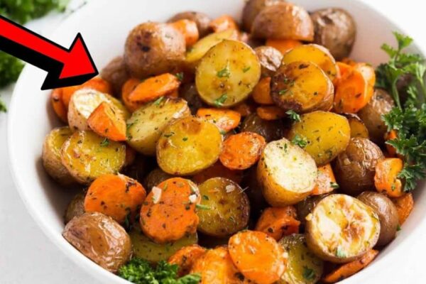 Delicious Garlic Butter Roasted Potatoes & Carrots, homemade and freshly served