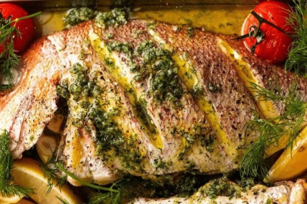 Easy Garlic Butter Whole Baked Fish, homemade and freshly served