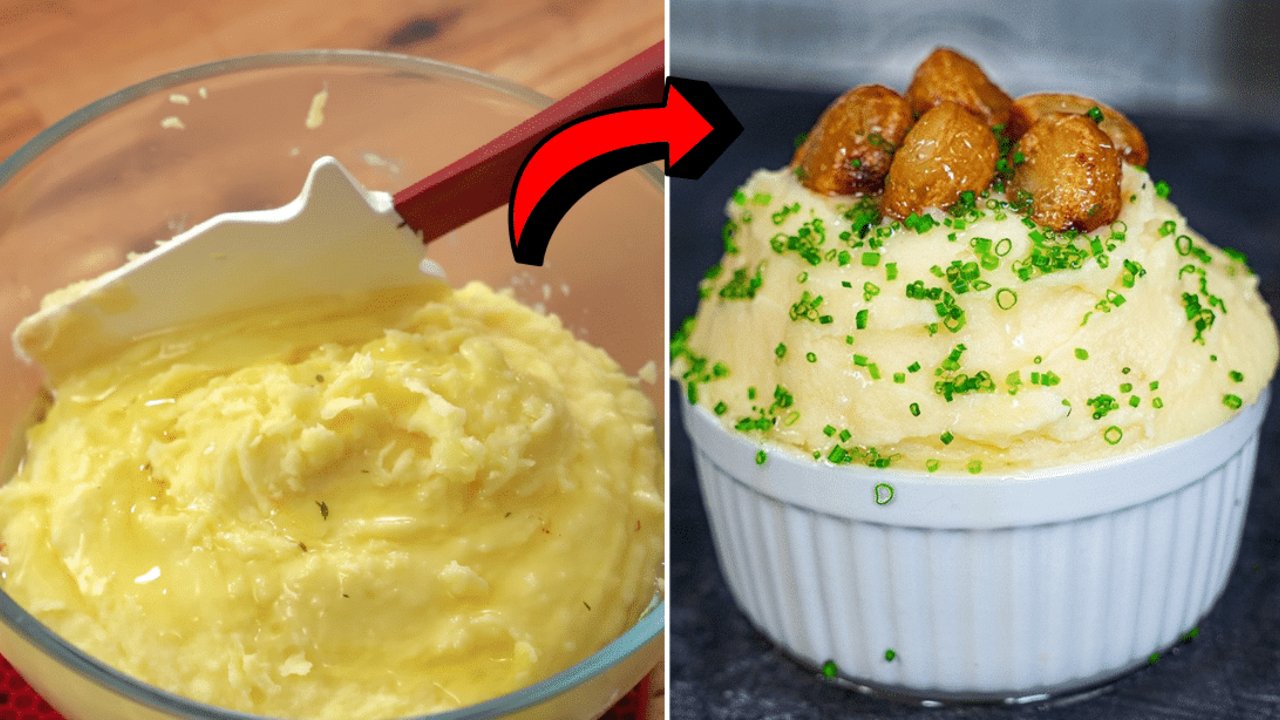 Easy Garlic Mashed Potatoes Recipe Easy garlic mashed potatoes whipped creamy in a bowl with melted butter pooling on top and fresh thyme