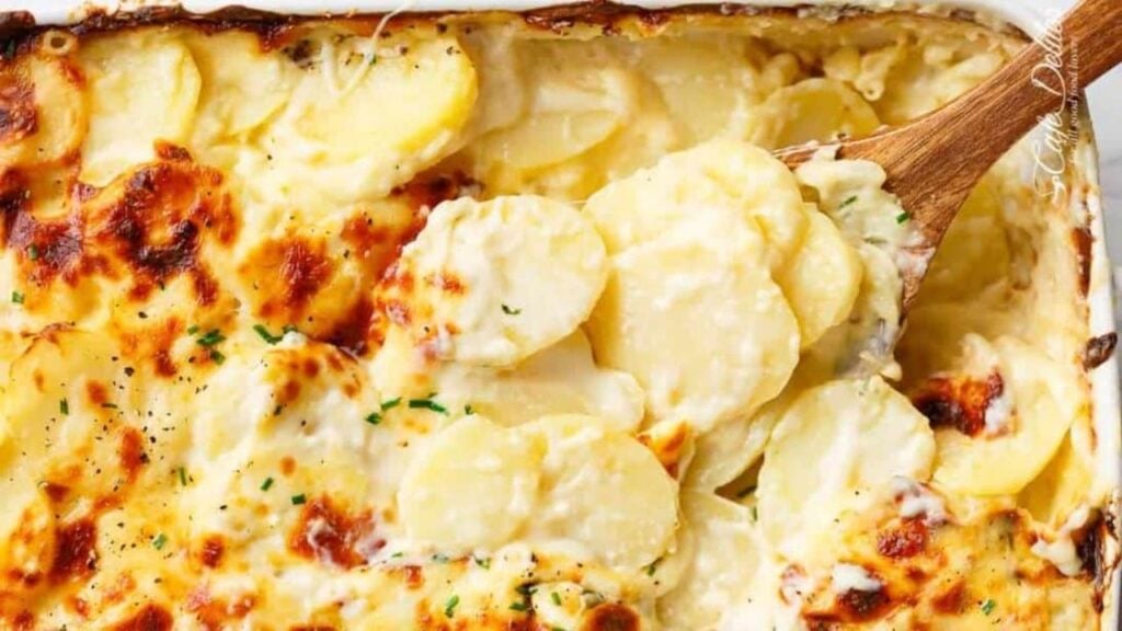 Easy Garlic Parmesan Scalloped Potatoes, homemade and freshly served