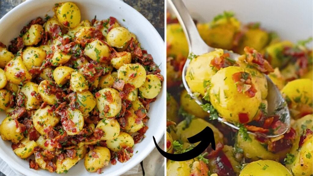 Easy German Potato Salad with Bacon, homemade and freshly served