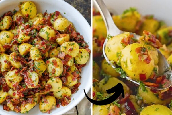 Easy German Potato Salad with Bacon, homemade and freshly served
