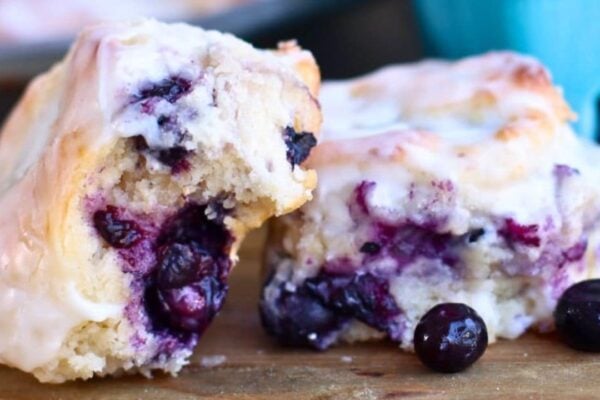 Easy Glazed Blueberry Biscuits, homemade and freshly served
