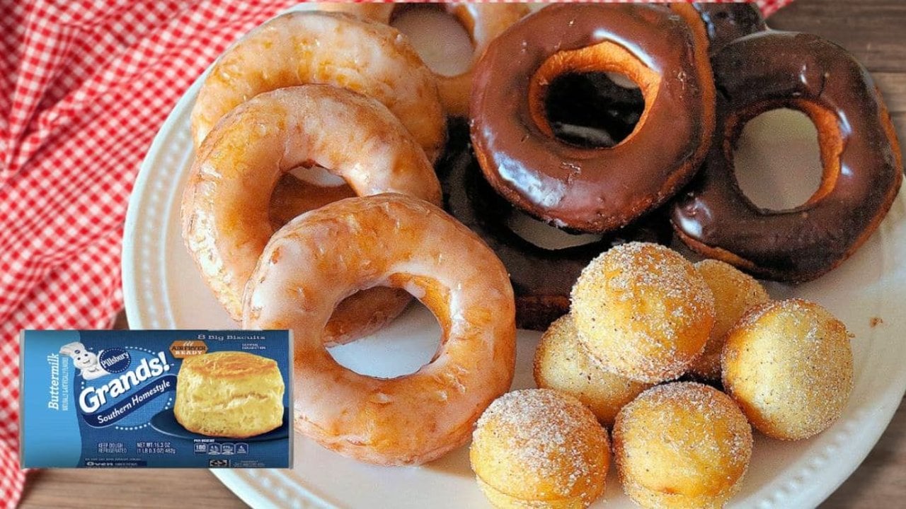 Glazed canned biscuit donuts made from Pillsbury Grands with vanilla icing, chocolate glaze and cinnamon sugar
