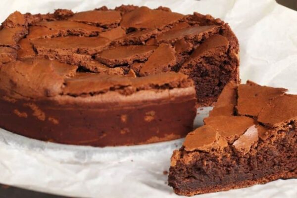 7-Ingredient Gluten-Free Chocolate Crinkle Cake, homemade and freshly served