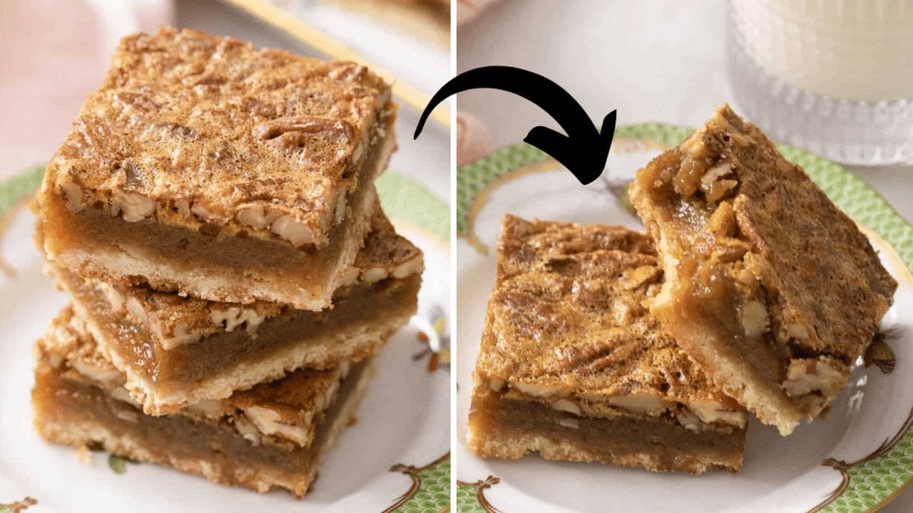 Easy gooey pecan pie bars cut into squares showing a shortbread crust under a glossy chopped pecan topping