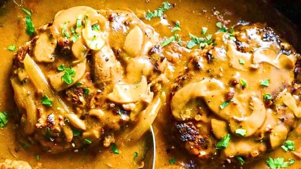 Easy Hamburger Steak with Onion Gravy, homemade and freshly served