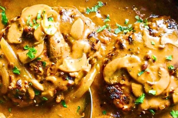 Easy Hamburger Steak with Onion Gravy, homemade and freshly served