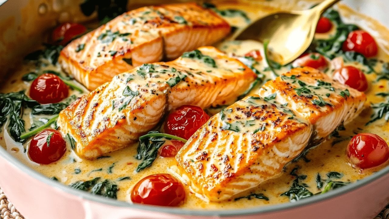 Creamy one pan salmon with cherry tomatoes and baby spinach in a parmesan cream sauce in a skillet in a parmesan cream sauce