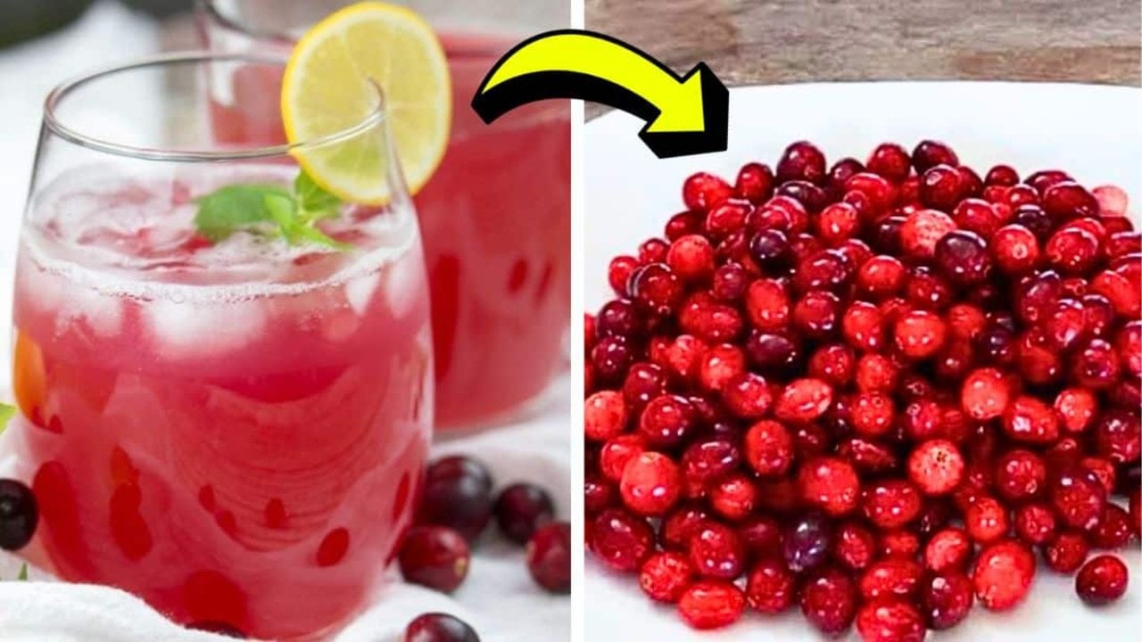 Easy Homemade Cranberry Juice Recipe Easy homemade cranberry juice poured over ice with lemon and mint, beside a heap of fresh whole cranberries