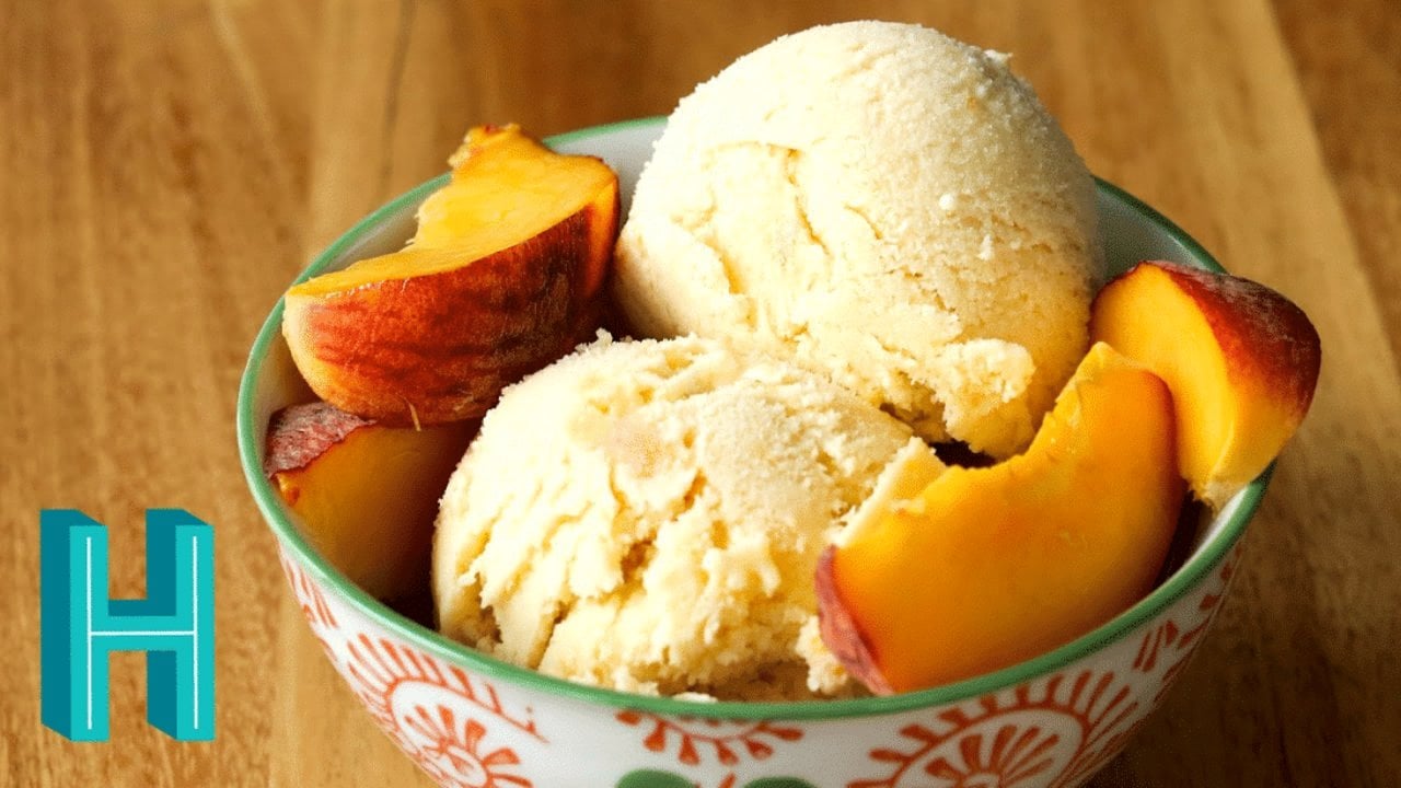 Homemade Peach Ice Cream Recipe Homemade peach ice cream with diced fresh peaches folded through, a creamy summer frozen dessert recipe