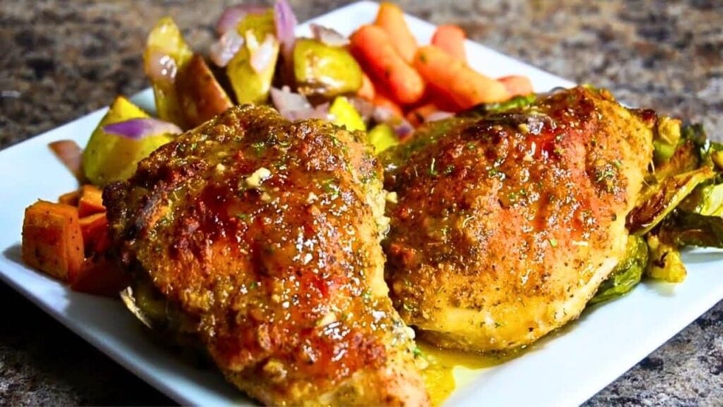 Easy Honey-Mustard Chicken with Roasted Vegetables, homemade and freshly served