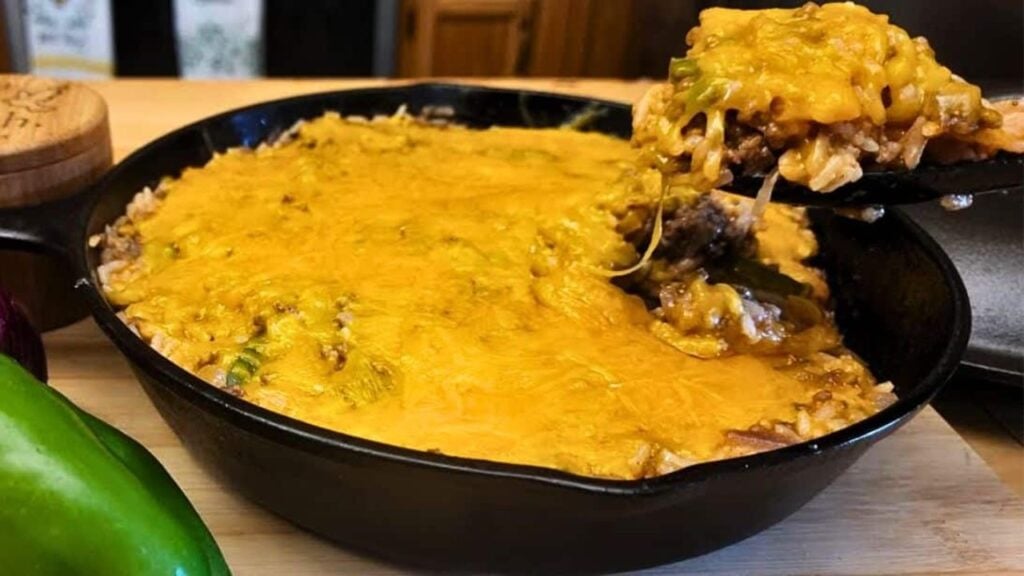 30-Minute Cheesy Pepper, Rice, and Beef Skillet Casserole, homemade and freshly served