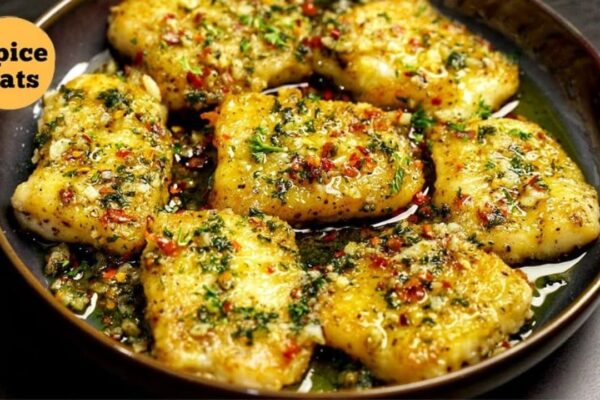 Easy Fried Fish with Lemon Garlic Butter Sauce, homemade and freshly served