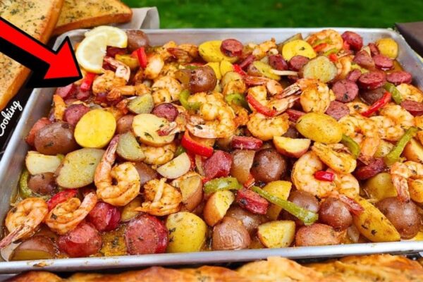 Easy Sheet Pan Roasted Shrimp, Sausage, and Potatoes, homemade and freshly served