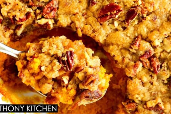 Easy Sweet Potato Casserole, homemade and freshly served