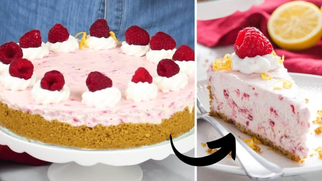 Easy No-Bake Lemon Raspberry Cheesecake, homemade and freshly served