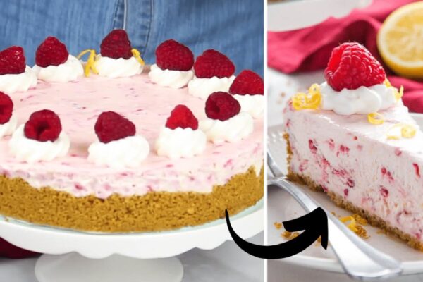 Easy No-Bake Lemon Raspberry Cheesecake, homemade and freshly served