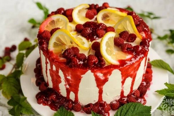 Easy Lemon Raspberry Layer Cake, homemade and freshly served