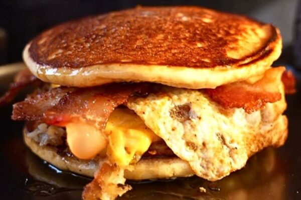 Loaded Breakfast Pancake Sandwich, homemade and freshly served