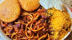 Super Easy Loaded Chili Spaghetti, homemade and freshly served