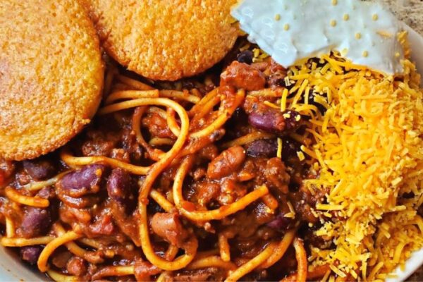 Super Easy Loaded Chili Spaghetti, homemade and freshly served