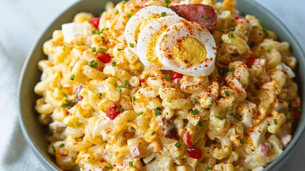 Easy Loaded Deviled Egg Pasta Salad, homemade and freshly served