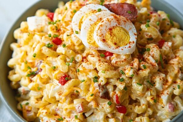 Easy Loaded Deviled Egg Pasta Salad, homemade and freshly served