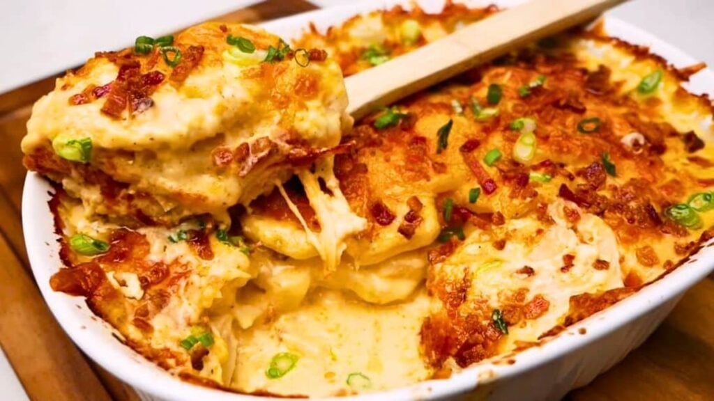 Easy Loaded Scalloped Potato Casserole, homemade and freshly served